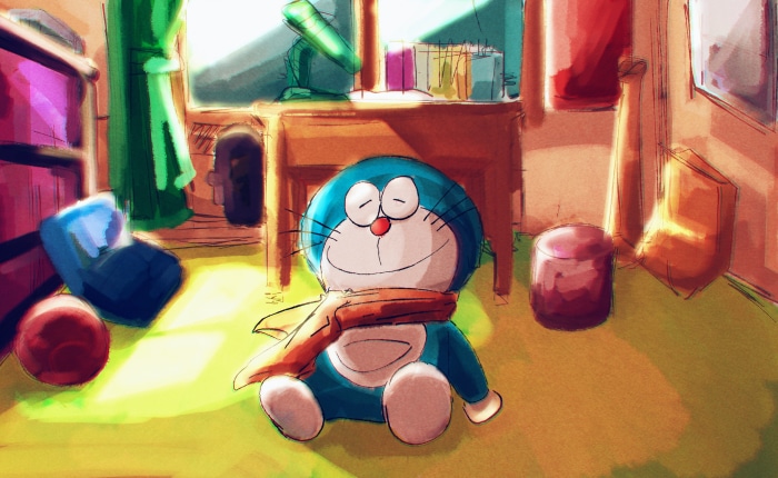 Doraemon sitting in a room