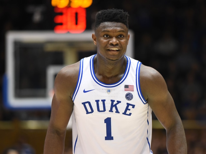 Zion Williamson wearing a Duke basketball jersey