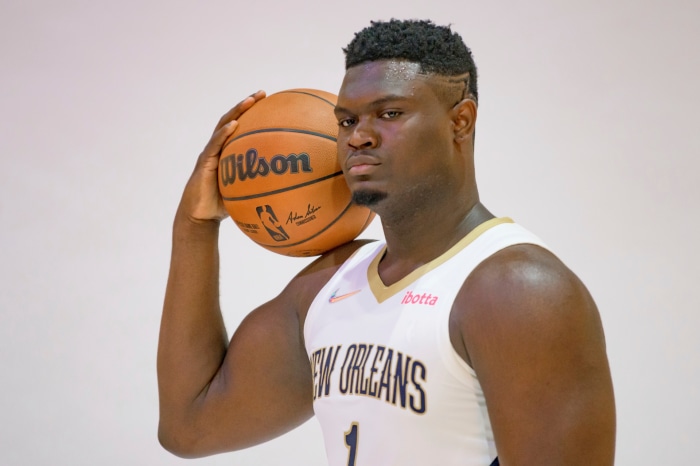 Zion Williamson of New Orleans Pelicans with basketball