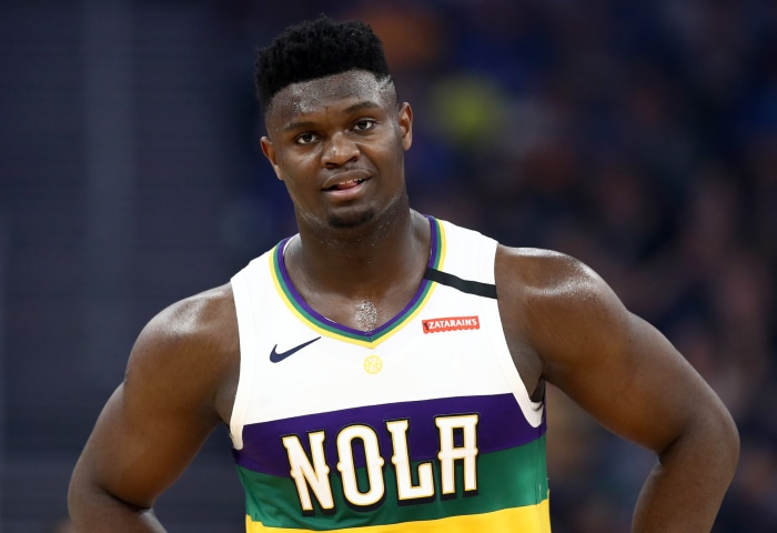Zion Williamson wearing New Orleans Pelicans jersey