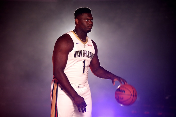 Zion Williamson of New Orleans Pelicans dribbling basketball