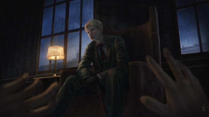 Loid Forger from Spy X Family sitting in a chair
