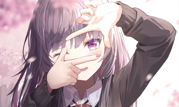 Anime girl with purple eyes framing her face