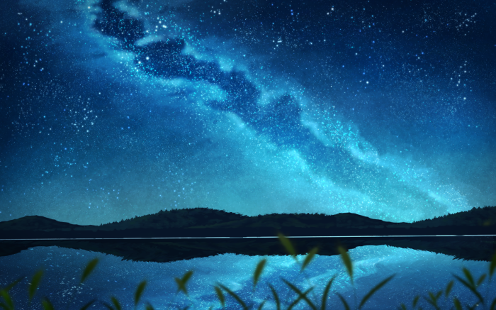 Starry Night Sky Over Lake and Hills