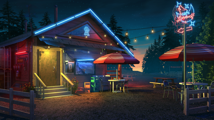 Cafe Lonewolf at night with neon signs