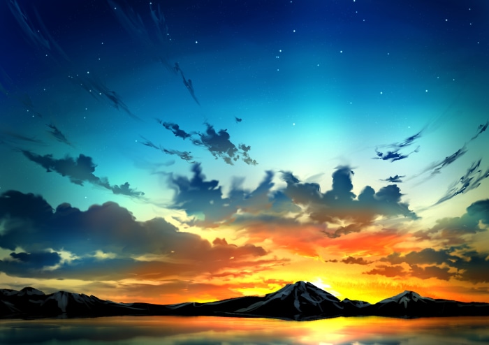 Anime Sky with Mountains and Reflection