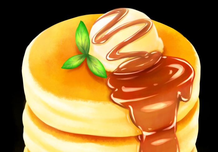 Stack of pancakes with ice cream and syrup
