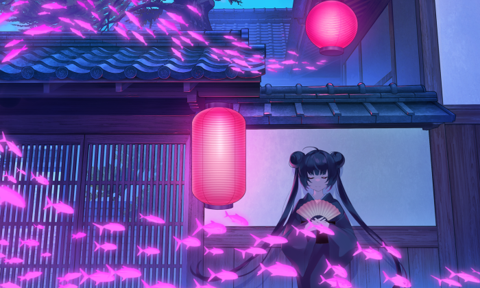 Anime girl with pink fish and lanterns