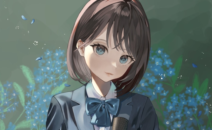 Anime girl with blue flowers