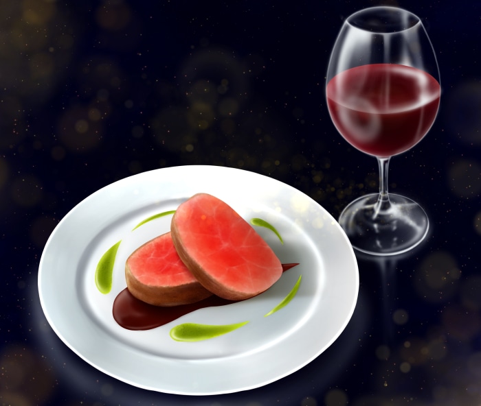 Cooked meat slices with sauce and wine