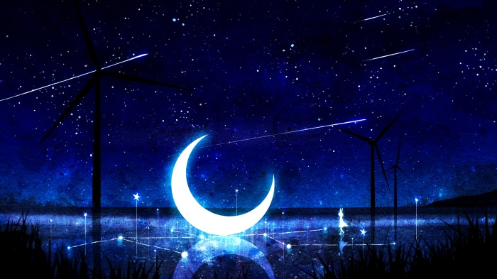 Crescent moon over a starry night sky with windmills