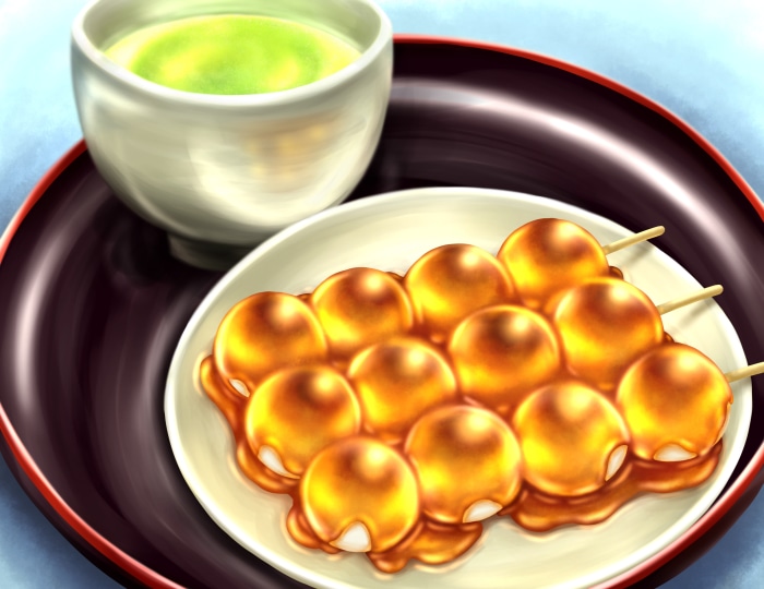 Dango and green tea on a tray