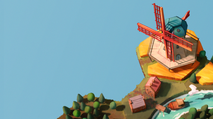A Dutch windmill and village by a river