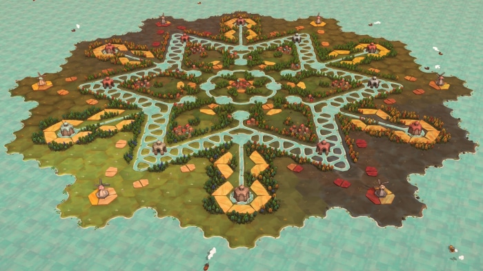 Dorfromantik island with windmills and canals