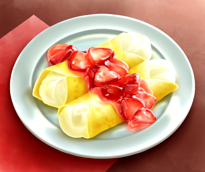 Crepes with strawberries and cream on a plate