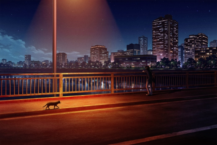 Cityscape at Night with a Cat and a Person