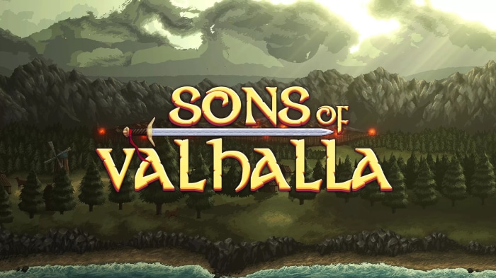 Sons of Valhalla game title with sword and landscape