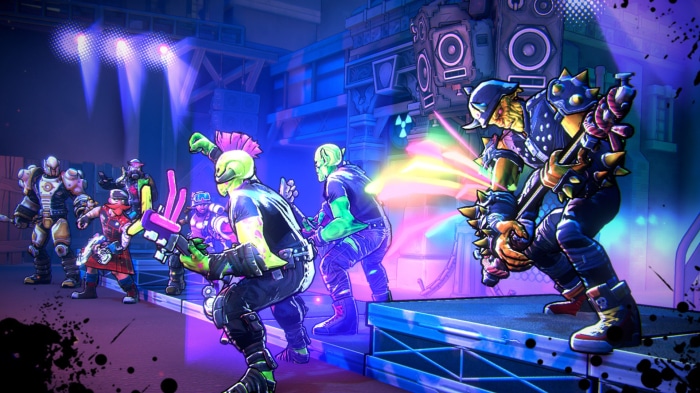 Characters playing music on a stage