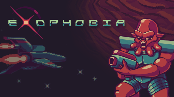 Exophobia title screen with spaceship and alien