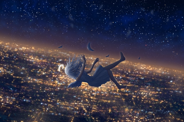 Girl falling over a city at night