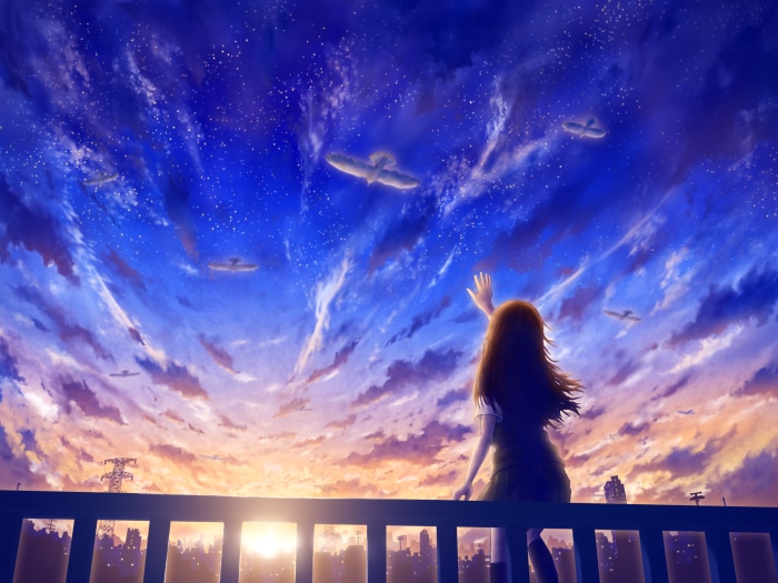 Girl waving at planes in a starry sky