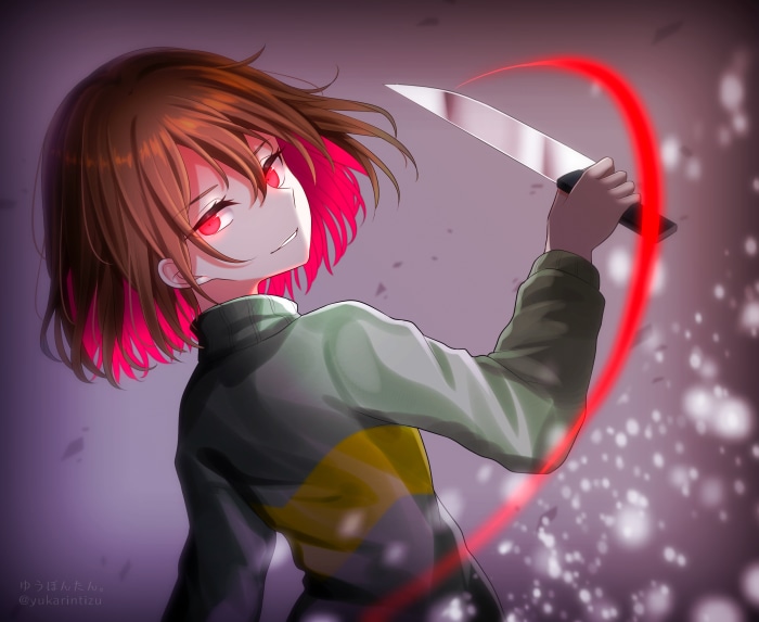 Chara from Undertale with Red Eyes and Knife