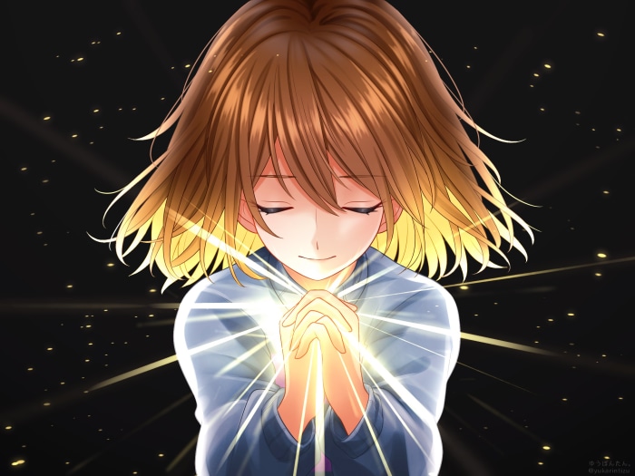 Frisk from Undertale praying with light