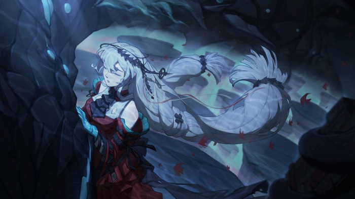 Skadi from Arknights in a cave
