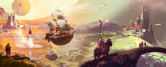 Sci Fi Landscape with Spaceships and Fantasy Elements