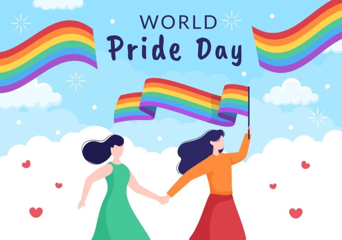 World Pride Day illustration with rainbow flags