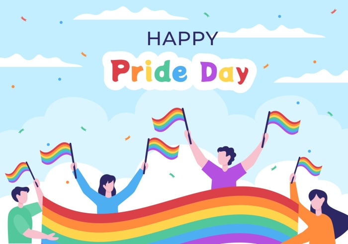 Happy Pride Day illustration with people holding rainbow flags