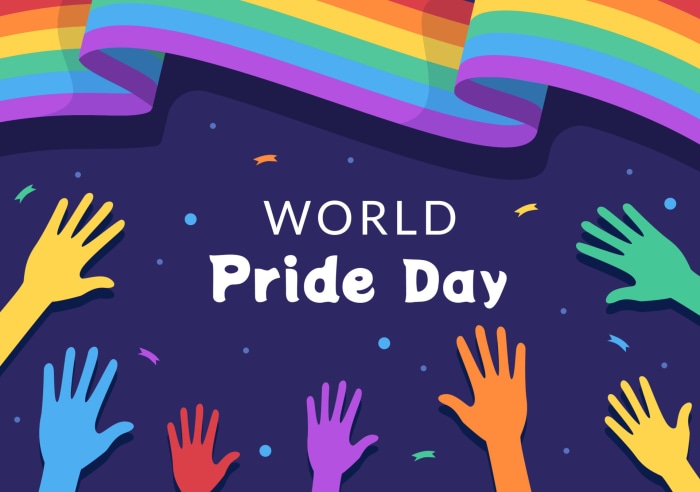 World Pride Day with Rainbow Flag and Raised Hands