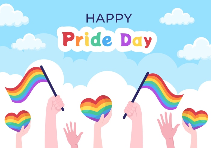 Happy Pride Day illustration with rainbow flags and hearts