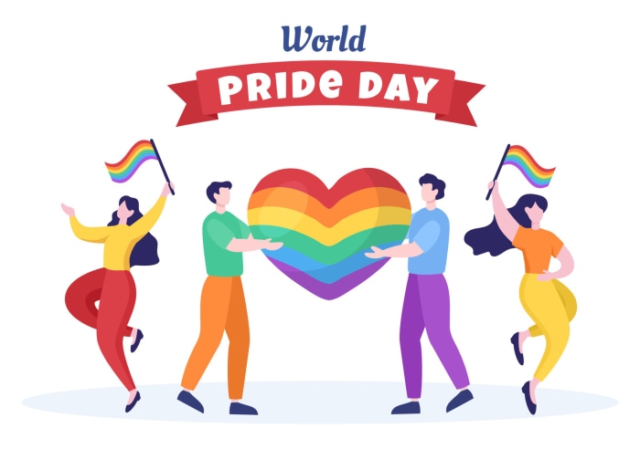 World Pride Day illustration with rainbow heart and flags