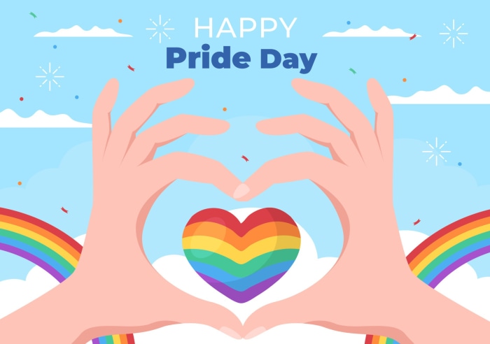 Happy Pride Day illustration with heart and rainbows