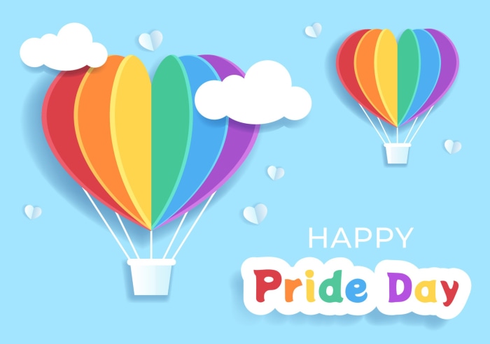 Happy Pride Day rainbow heart hot air balloons