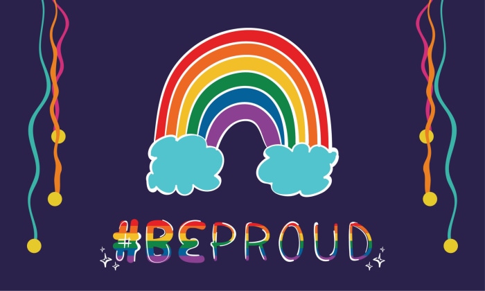 Rainbow and #BeProud text with streamers