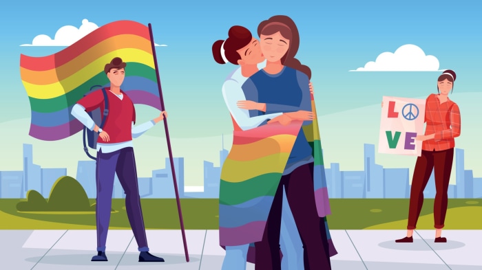 LGBTQ+ pride parade with rainbow flag and signs