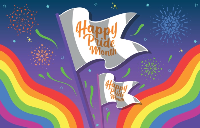 Happy Pride Month flags with rainbow and fireworks