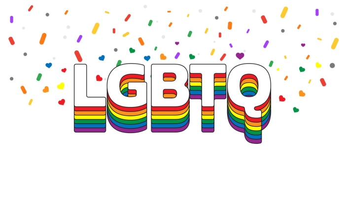 LGBTQ text with rainbow colors and confetti