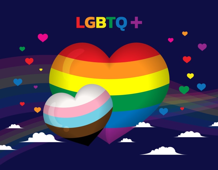 LGBTQ+ rainbow and trans pride hearts