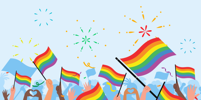 LGBT Pride Parade with Rainbow Flags and Fireworks