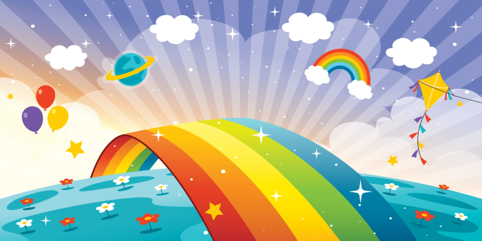 Rainbow Sky with Balloons and Kite