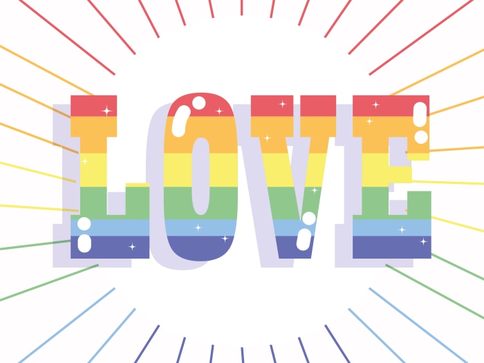 Rainbow LOVE text with radiating lines