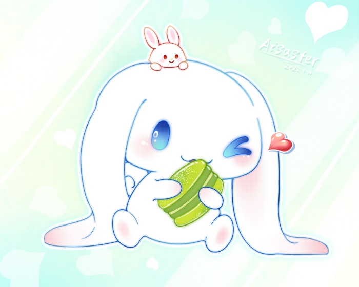 Cinnamoroll holding a green macaron with a bunny on its head