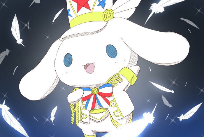 Cinnamoroll in a royal costume with feathers