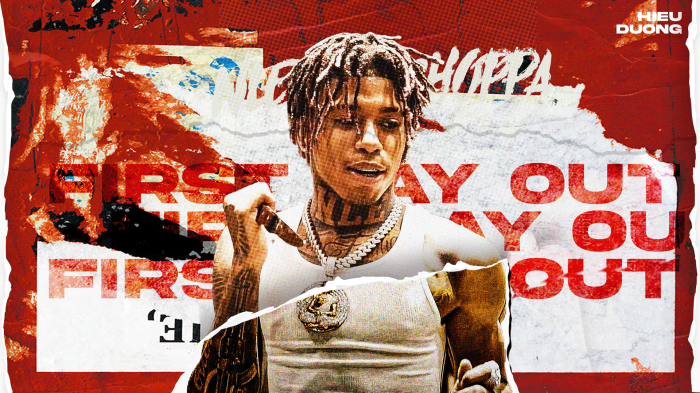 NLE Choppa with "First Day Out" and "Play Out" text