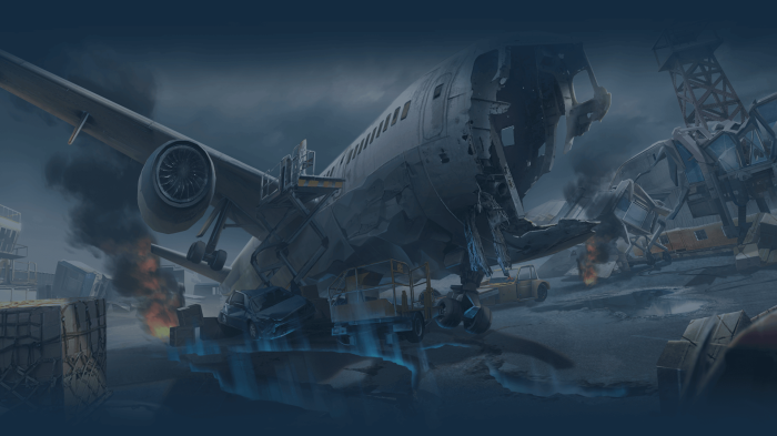 Airplane crash site with debris and smoke