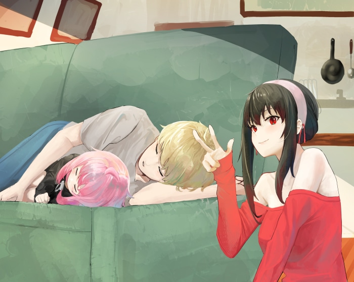 Yor, Anya, and Loid Forger from Spy X Family sleeping