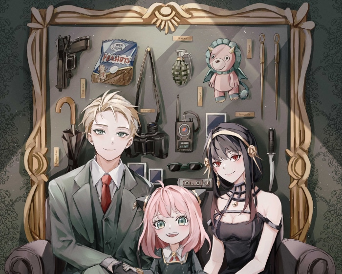 Spy X Family: Loid, Yor, and Anya Forger with spy items